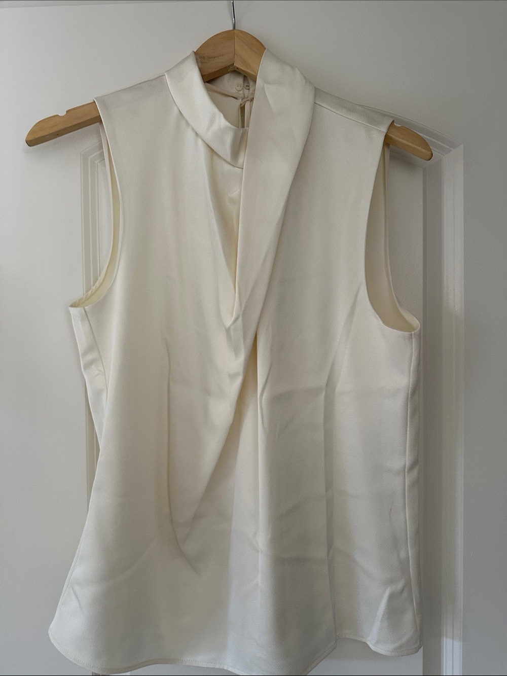 Mango Cream Sleeveless Draped High Collar Shell